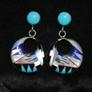 Vintage Sterling Silver MR Zuni Multi-stone & Shell Inlaid Earrings